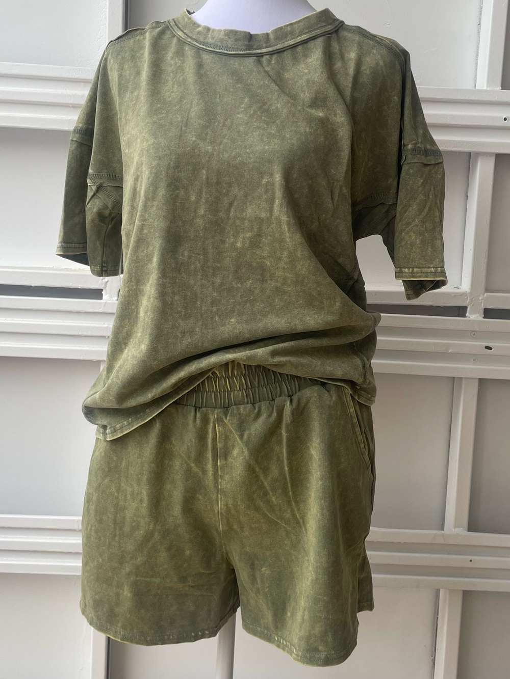 Zenana- Washed 2 piece Short and Shirt Set- Olive Green